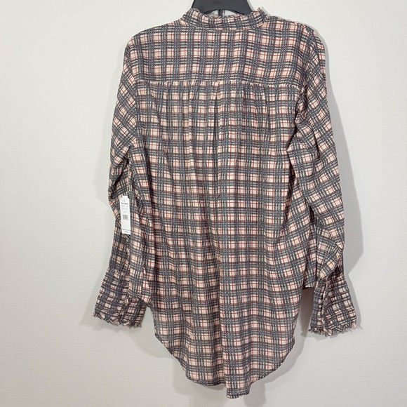 Plaid Ruffle Smocked Tunic Free People FP One Beige Blue Red Blouse S/P - Picture 3 of 10